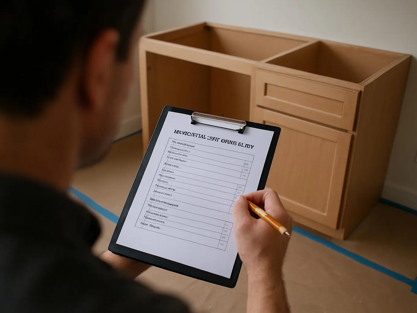 A person fills out a clipboard checklist while standing beside an unfinished wooden cabinet in a bare room