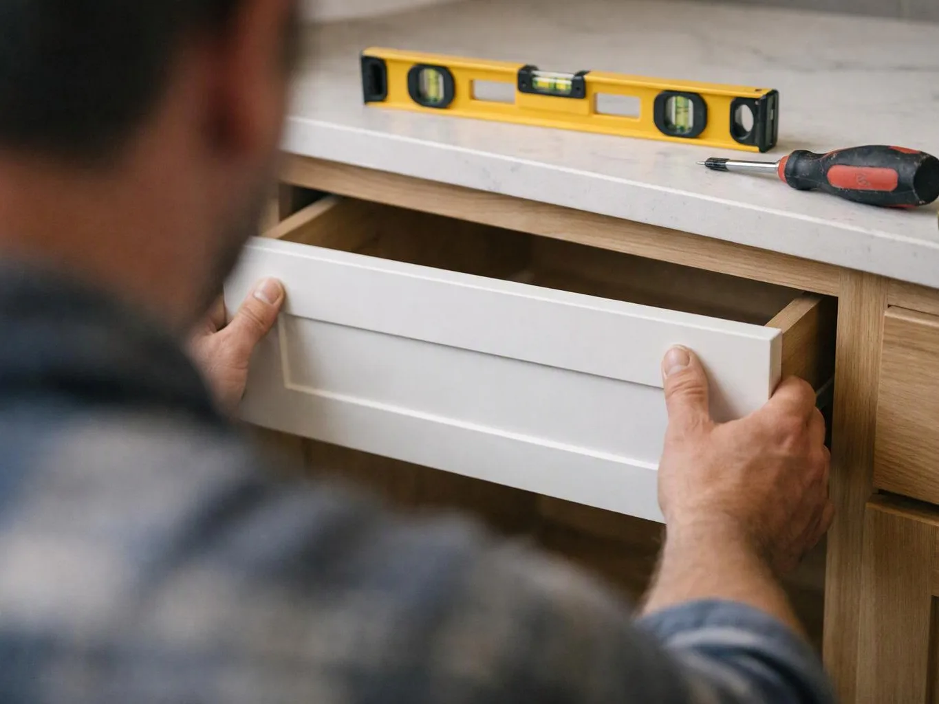 A person fits a white drawer into a wooden cabinet while a level and screwdriver rest on top