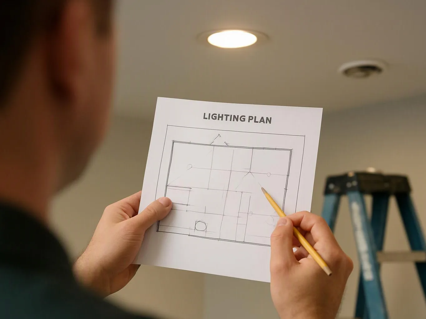A person holds a lighting plan sheet and points with a pencil in a room with recessed ceiling lights and a ladder