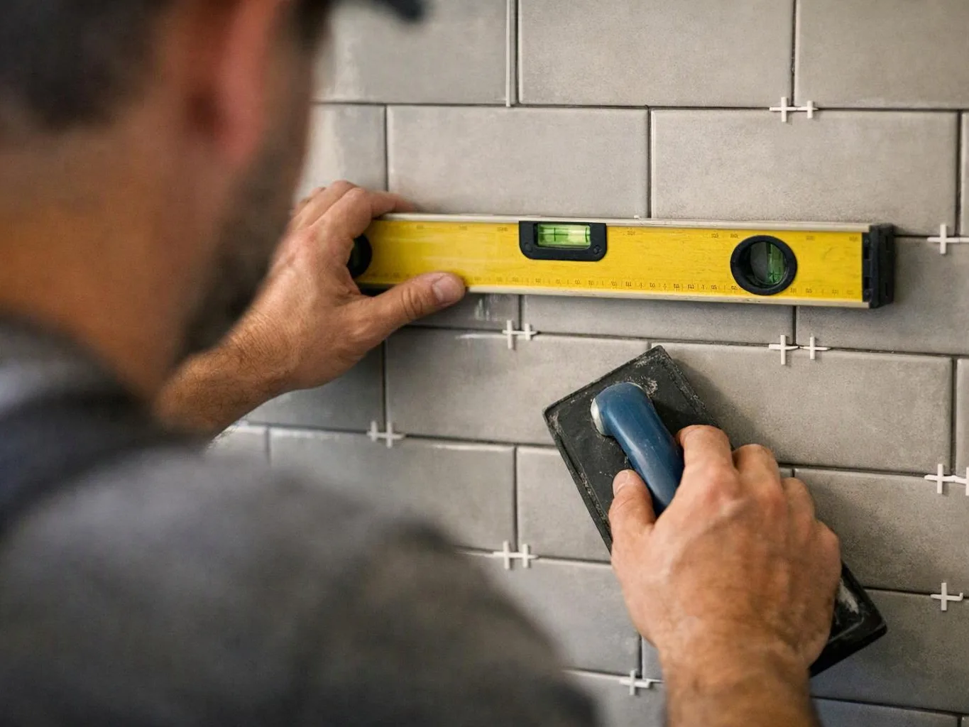 A person levels gray wall tiles with a yellow spirit level and trowel during installation