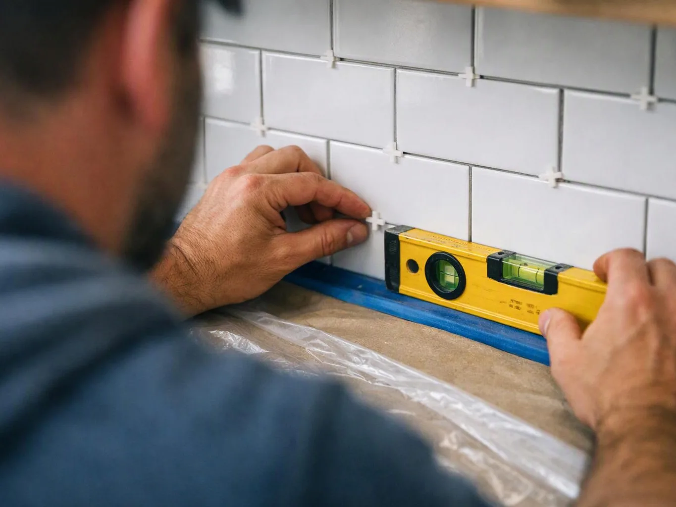 A person levels white wall tiles with a yellow spirit level while adjusting a spacer on a countertop