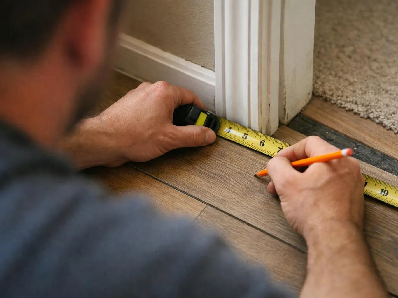 A person measures floor trim with a tape measure and marks the wood with a pencil