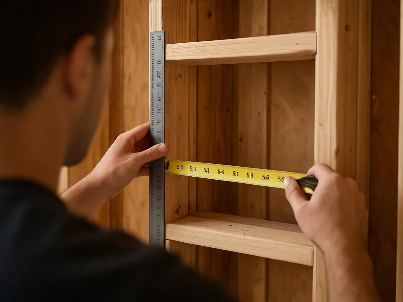 A person measures the inside of a wooden cabinet with a ruler and tape measure