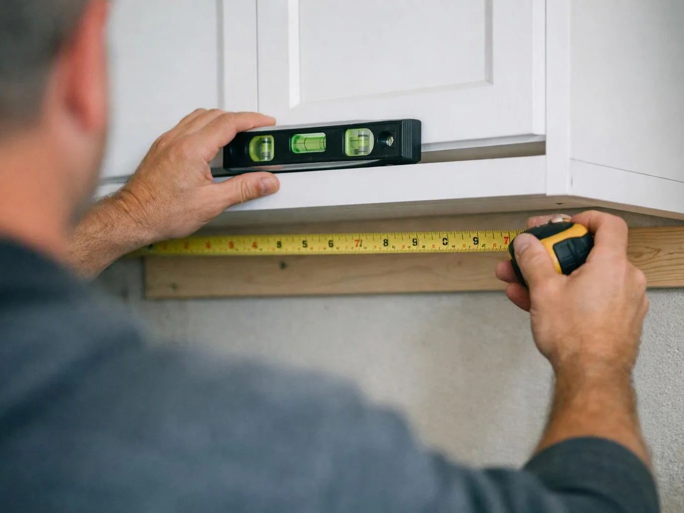 A person measures and levels a white cabinet with a tape measure and spirit level