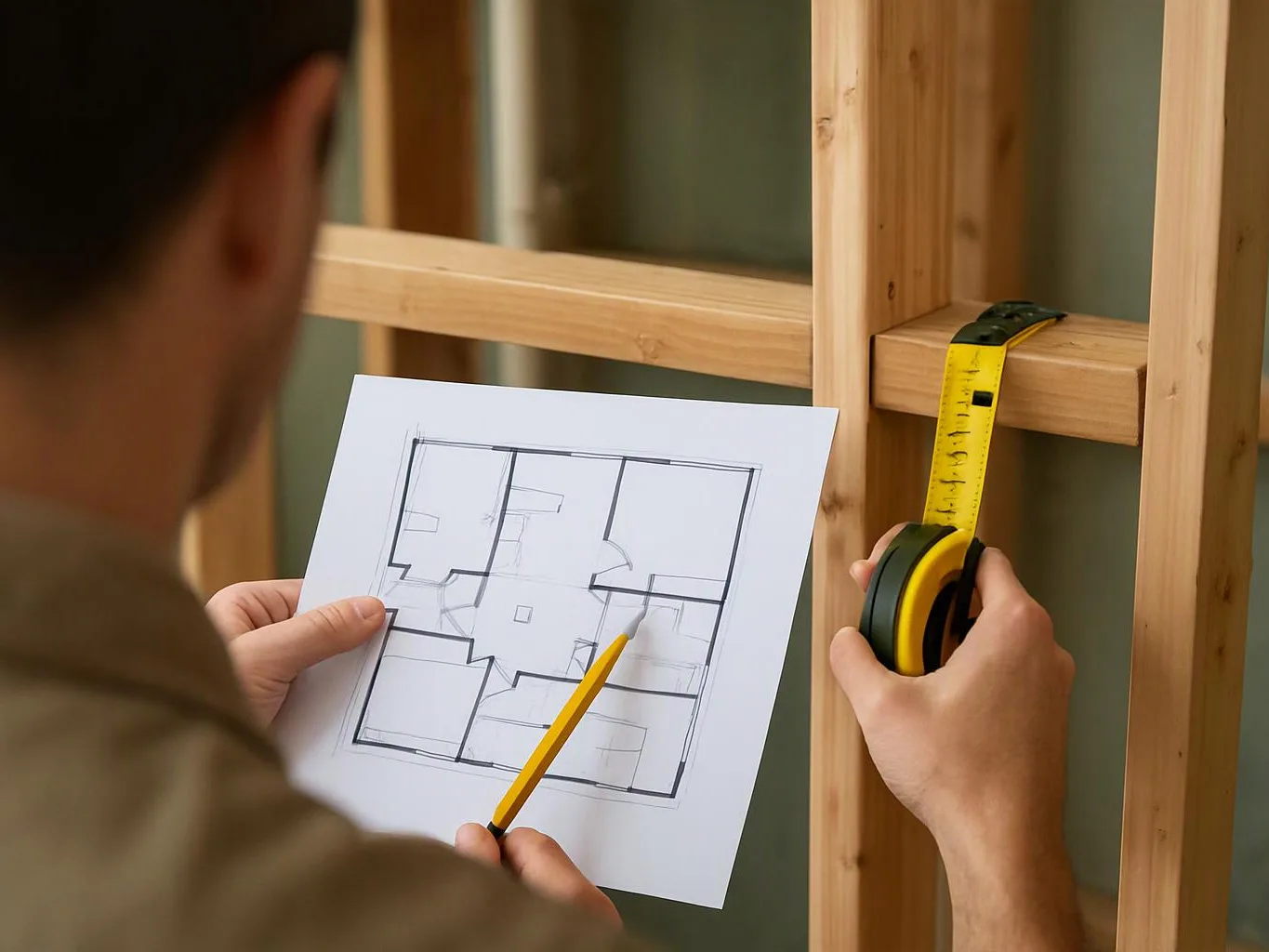 A person measures a wooden frame while holding a floor plan and pencil indoors