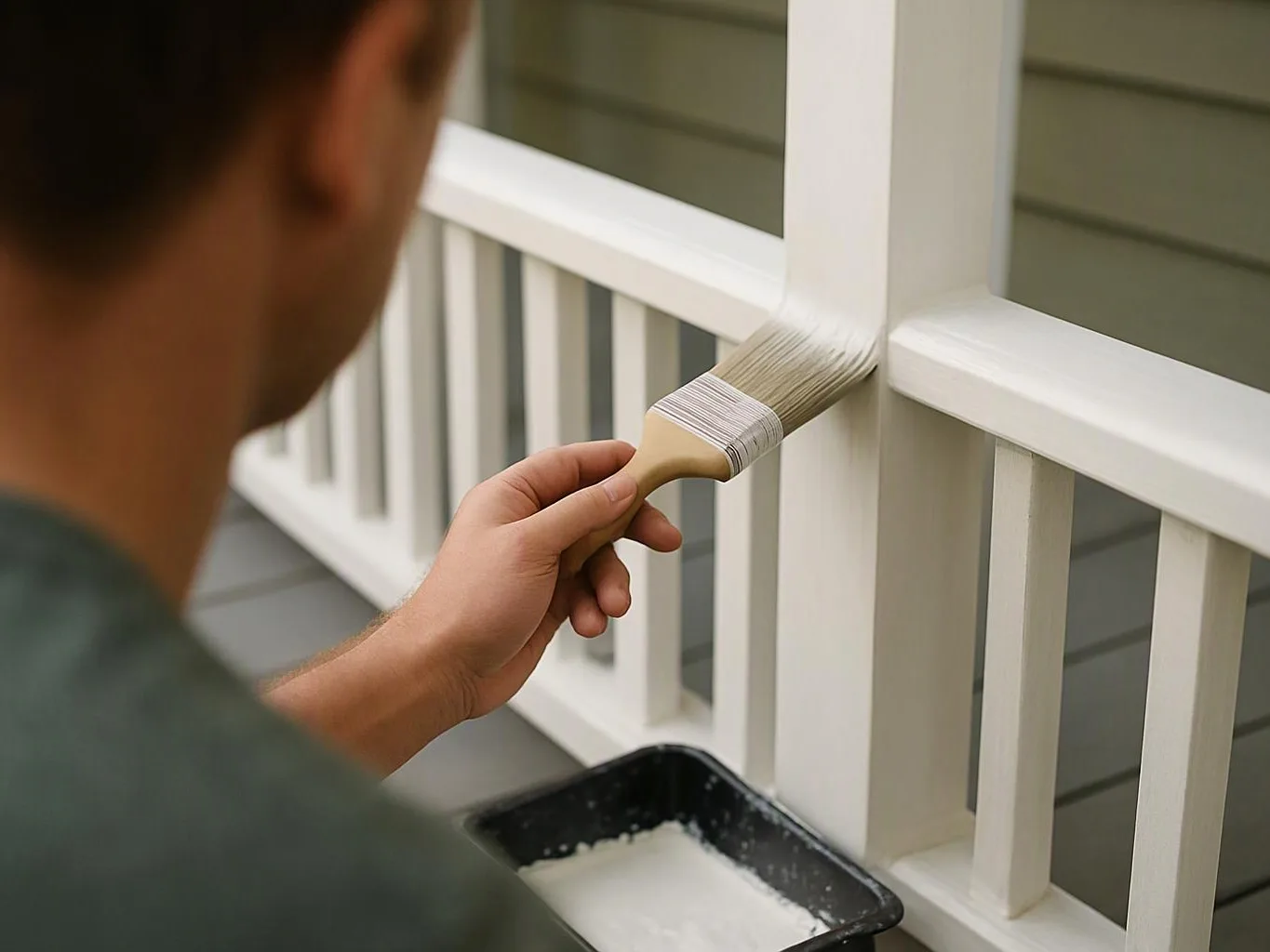 A person paints a white porch railing with a brush and paint tray outdoors