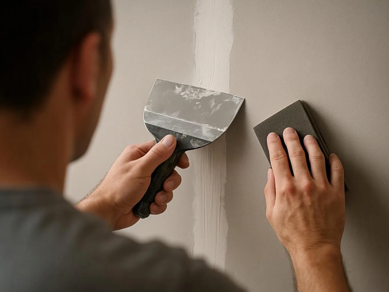 A person sands a vertical wall patch with a scraper and sanding block