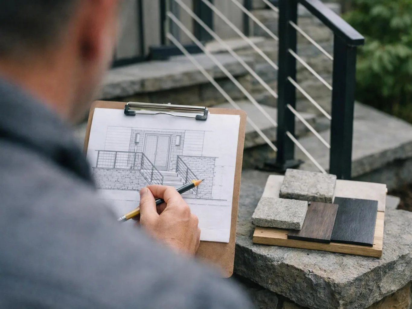 A person sketches a building facade on a clipboard beside stone and wood sample boards outdoors