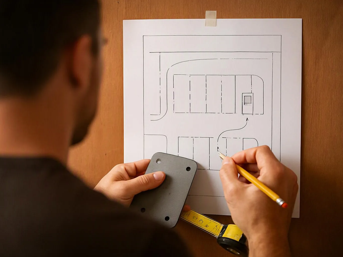 A person sketches a parking layout on paper, holding a template and pencil at a wooden desk