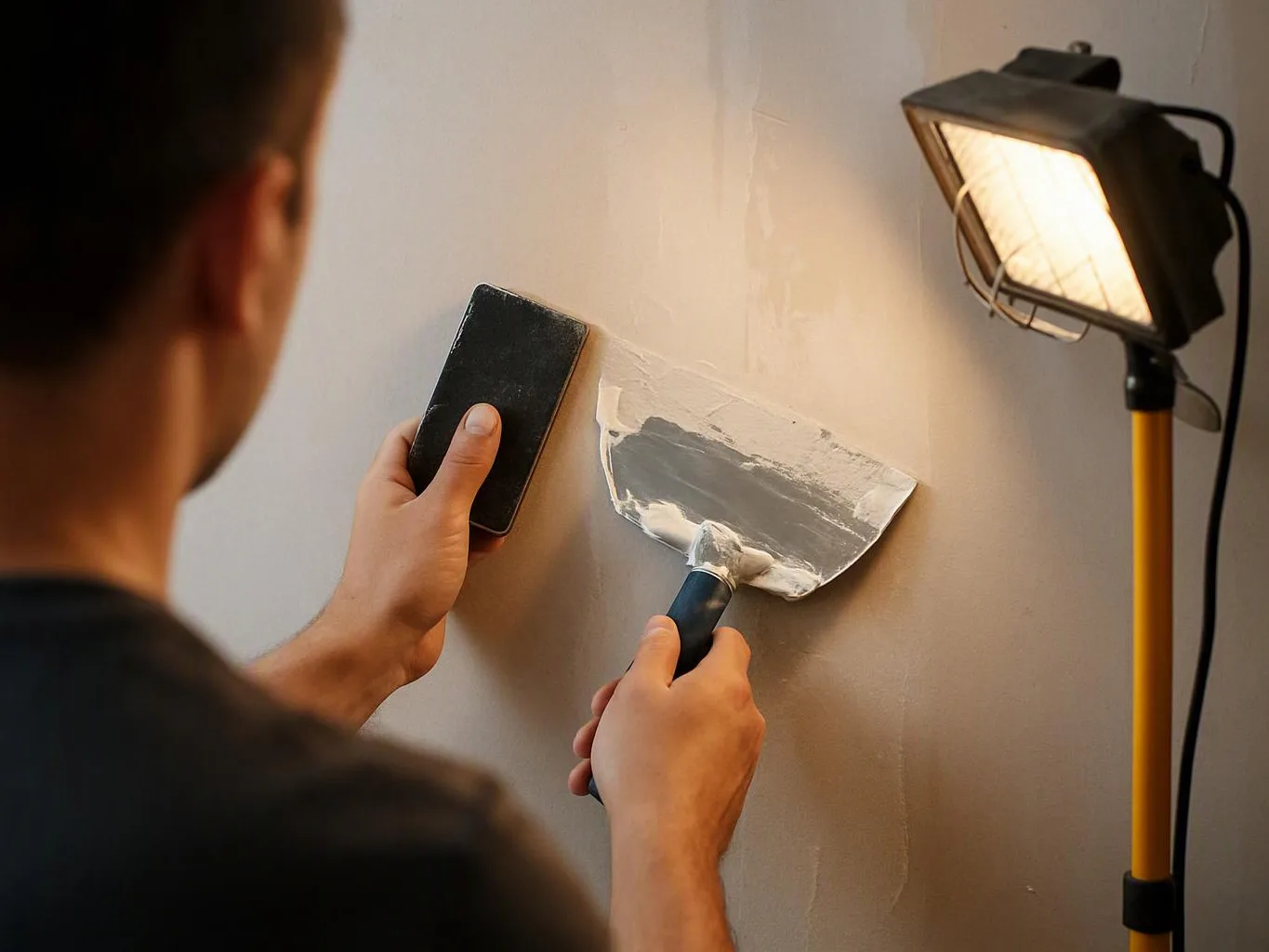 A person smooths wall compound with a putty knife while holding a sanding block beside a work light