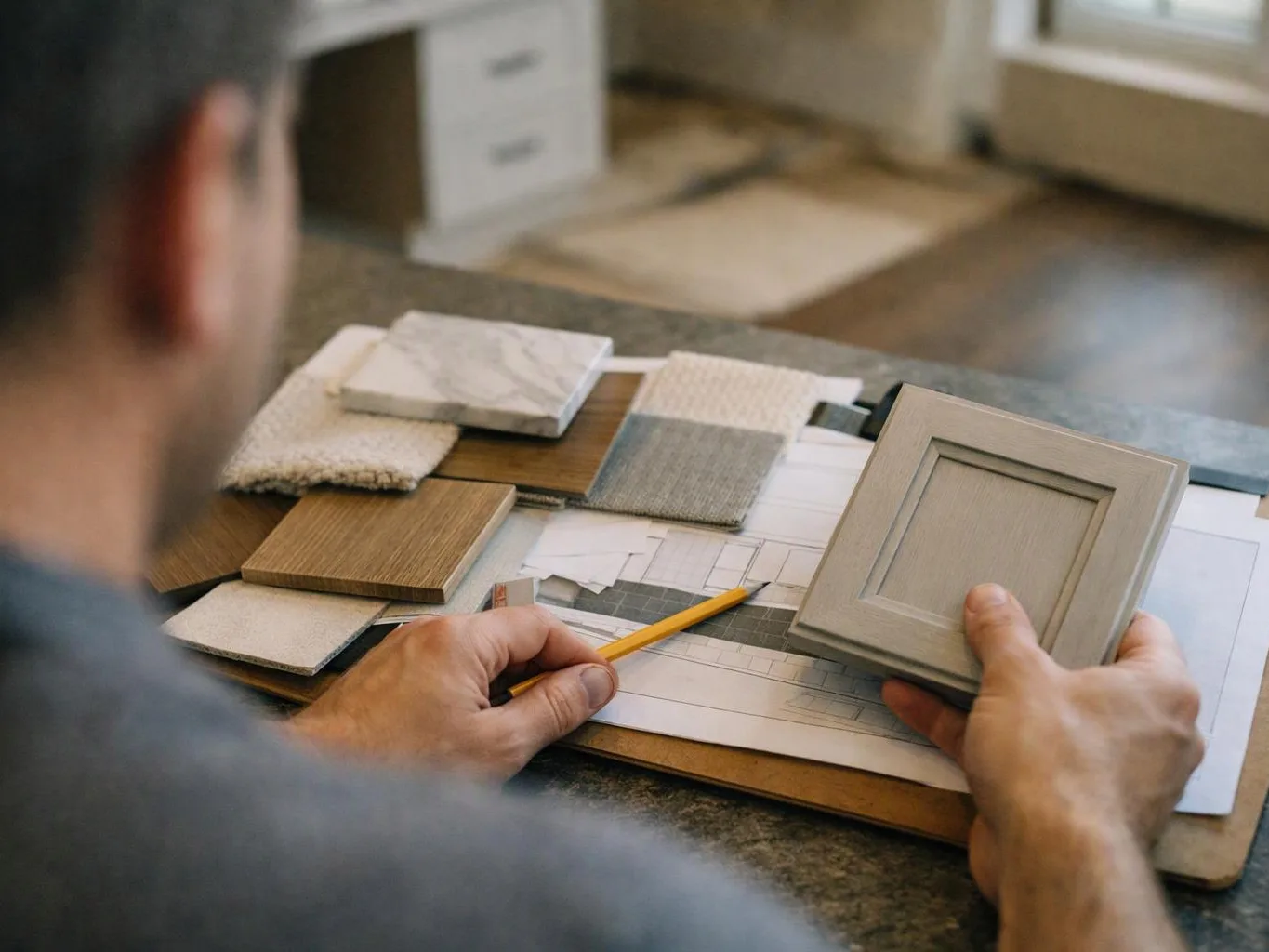 A person studies cabinet material samples and a pencil sketch at a table in a bright room