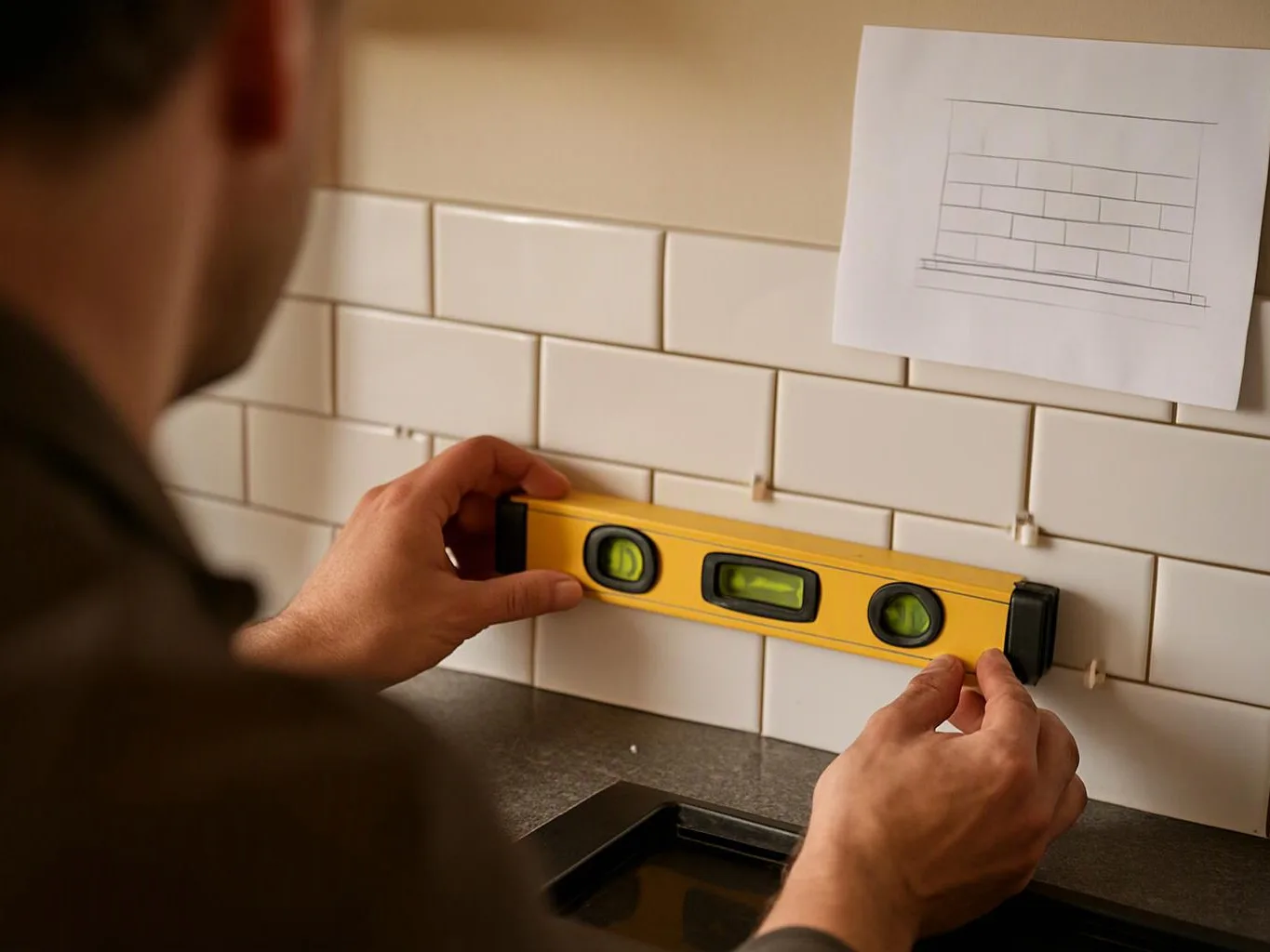 A person uses a yellow level to align white subway tiles above a countertop