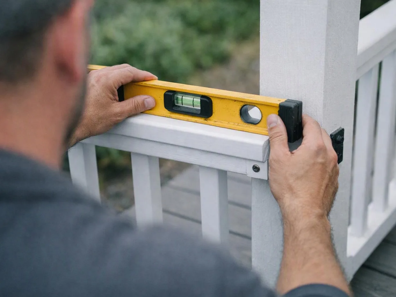 A person uses a yellow level to check a white railing outdoors