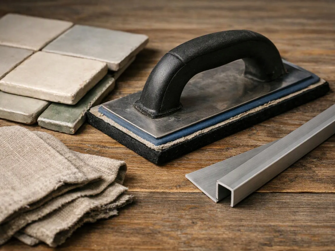 A plastering float, metal trim, cloths, and stacked tiles sit on a wooden workbench
