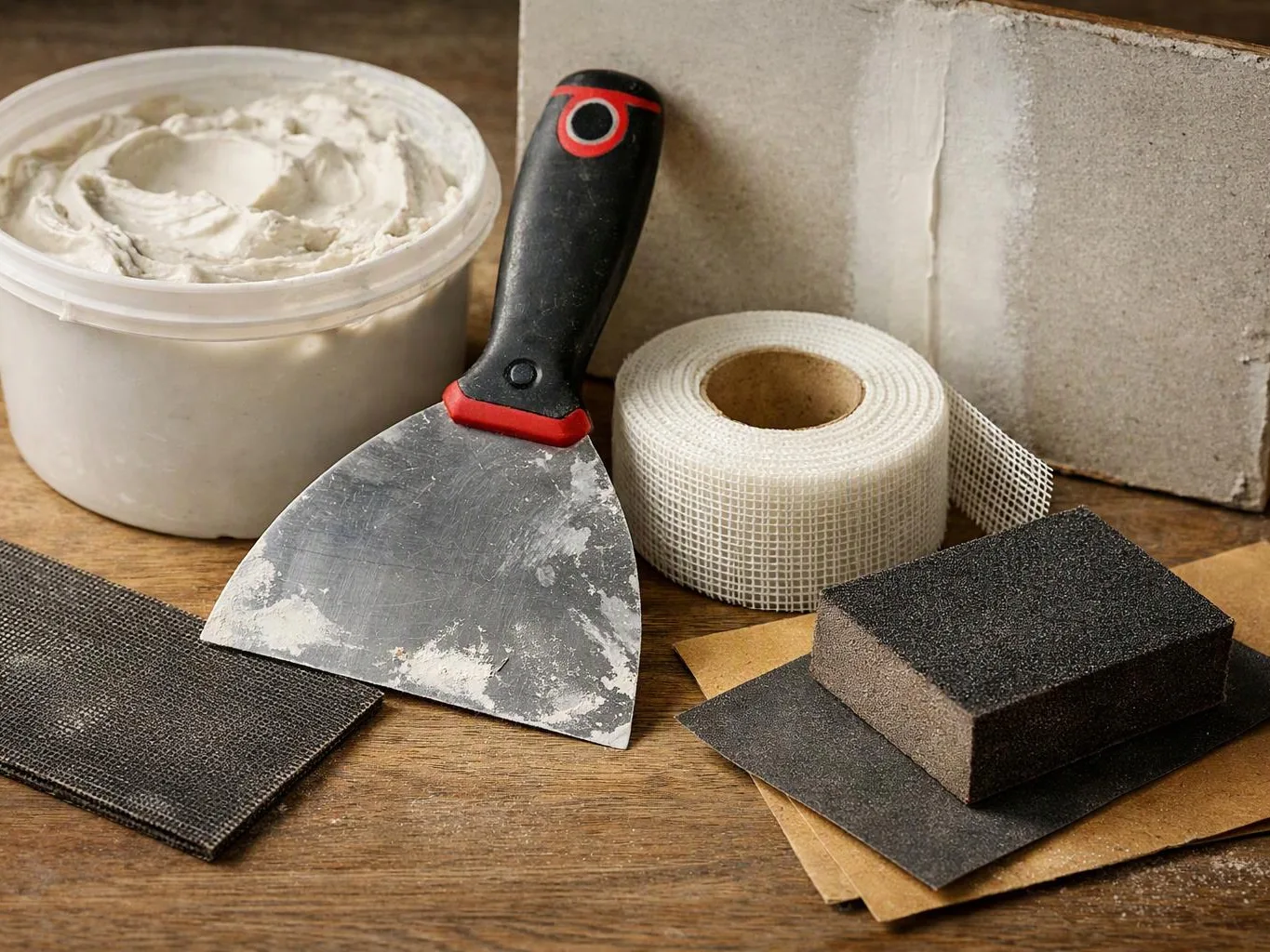 A putty tub, scraper, mesh tape, sanding sponge, and drywall panels sit on a wooden work surface