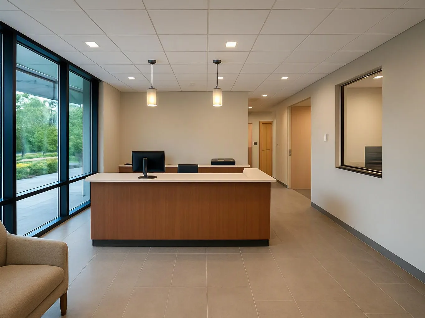A quiet reception area has a wooden desk, pendant lights, large windows, and a hallway with doors