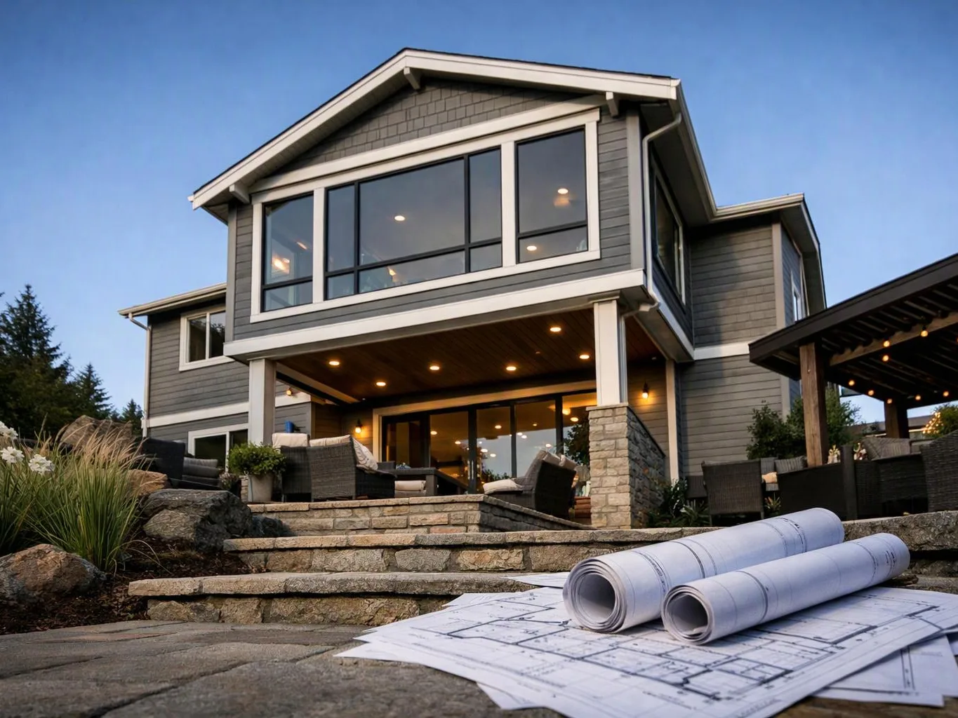 Rolled blueprints rest on stone paving in front of a modern house with lit windows and a covered patio