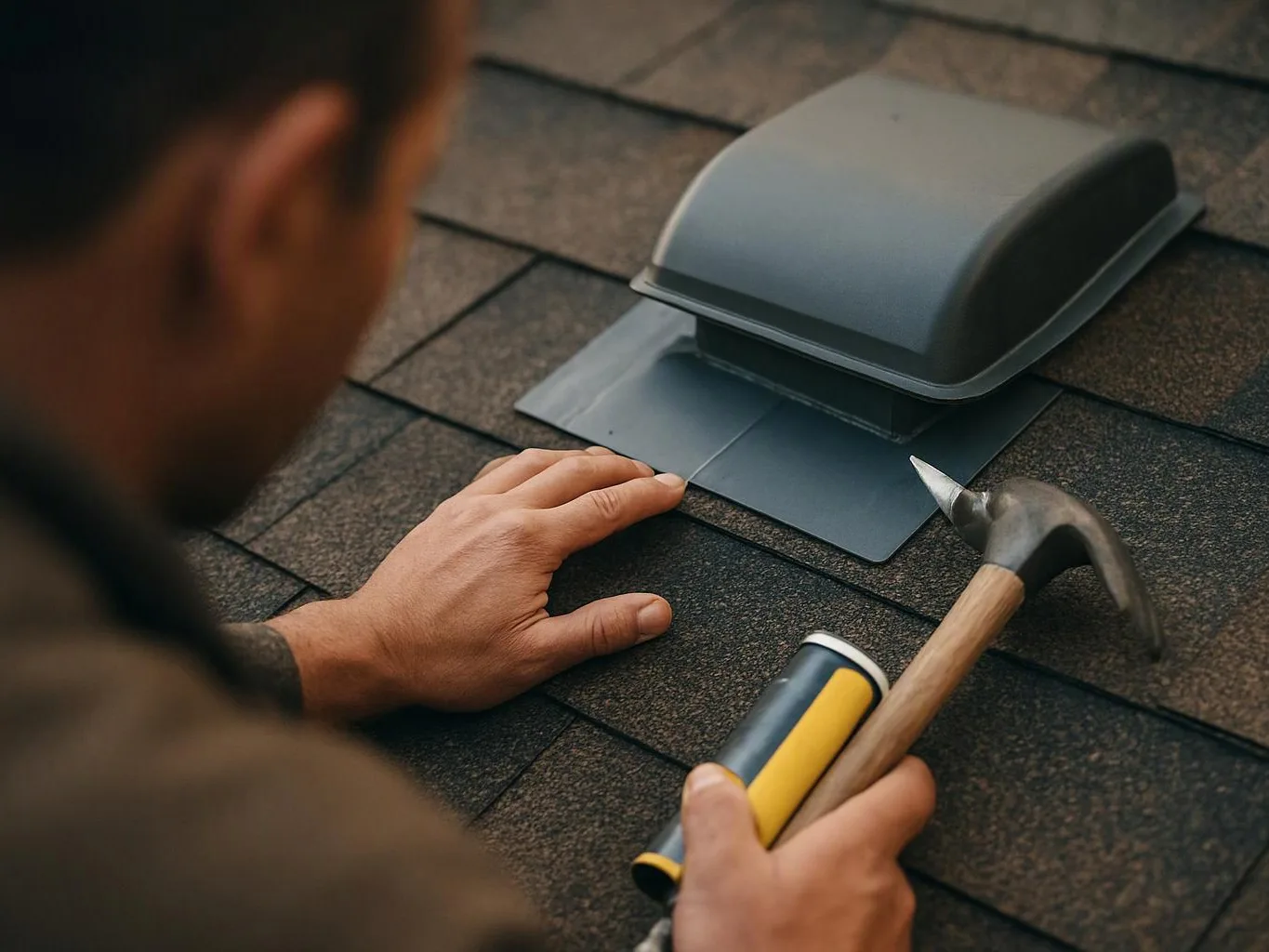A roofer inspects a vent cap on dark shingles with a hammer and sealant tube in hand