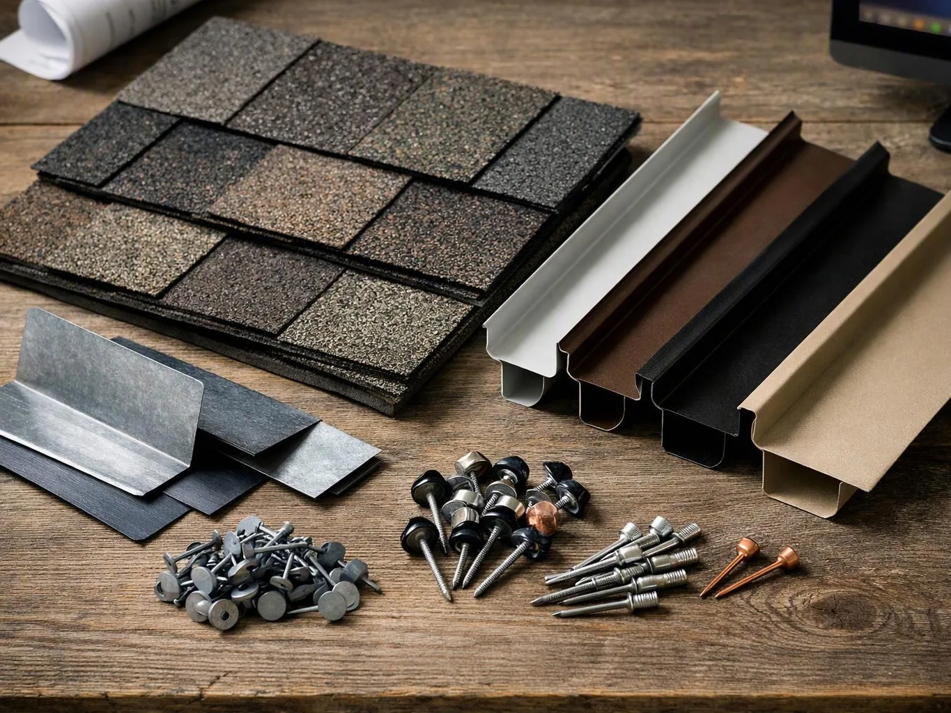 Roofing materials, metal trim pieces, and assorted nails and screws are laid out on a wooden table