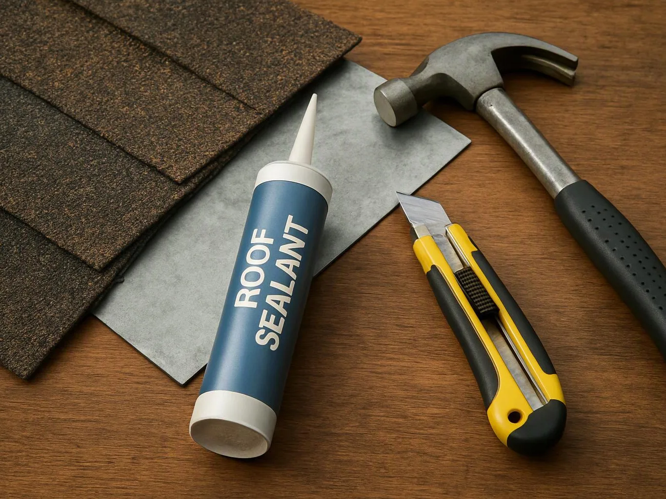 Roofing materials and tools sit on a wooden surface, including shingles, sealant, a hammer, and a utility knife