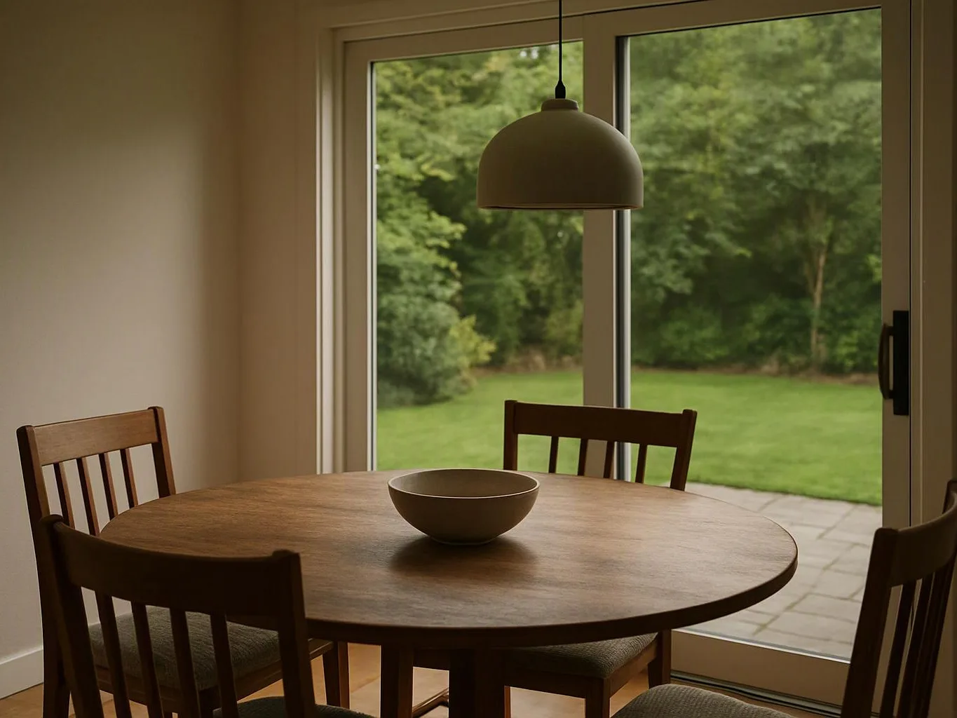 A round wooden dining table with a bowl sits by glass doors overlooking a green yard