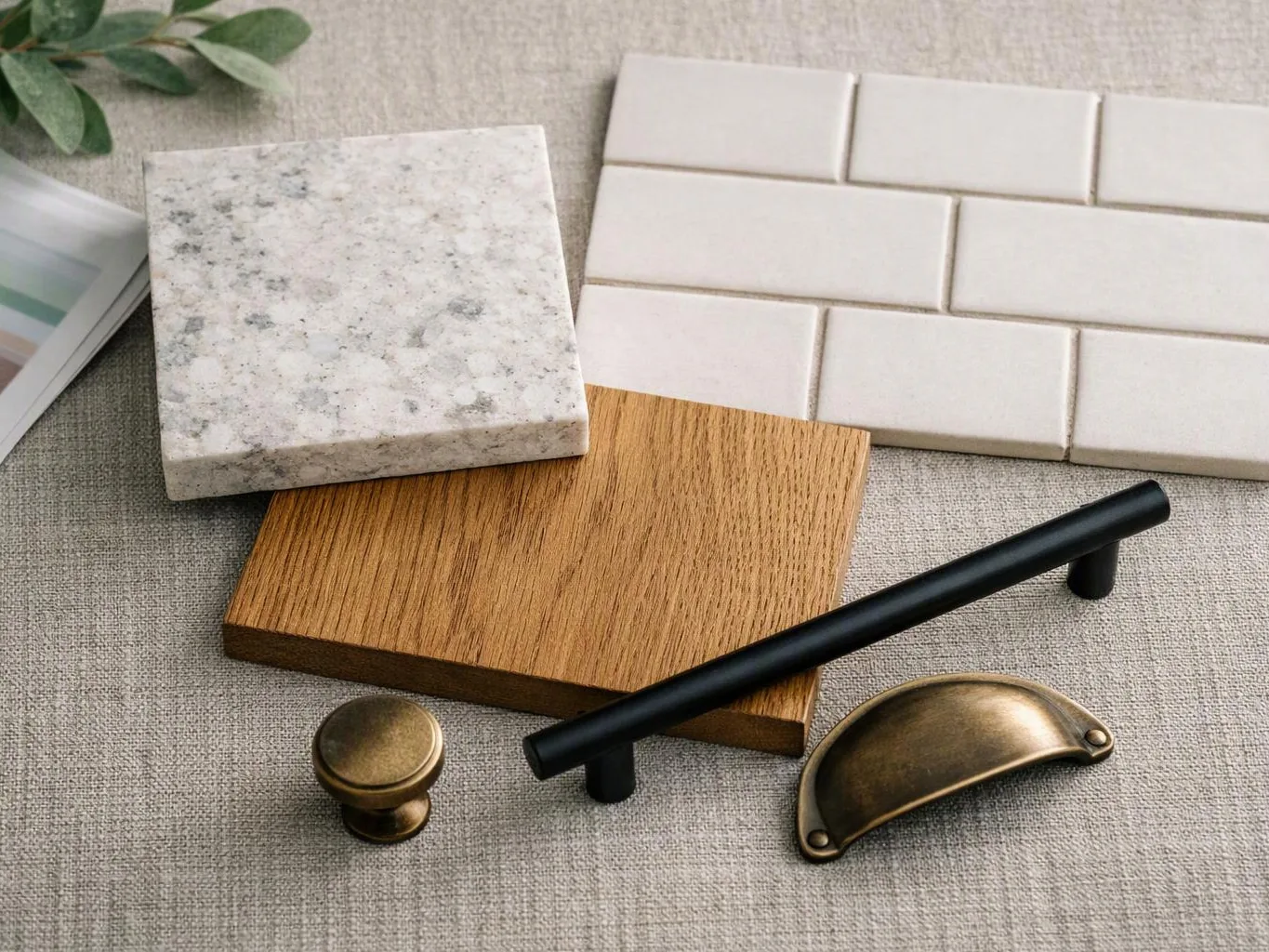 Sample cabinet materials and hardware are arranged on fabric, including tiles, wood, and metal handles