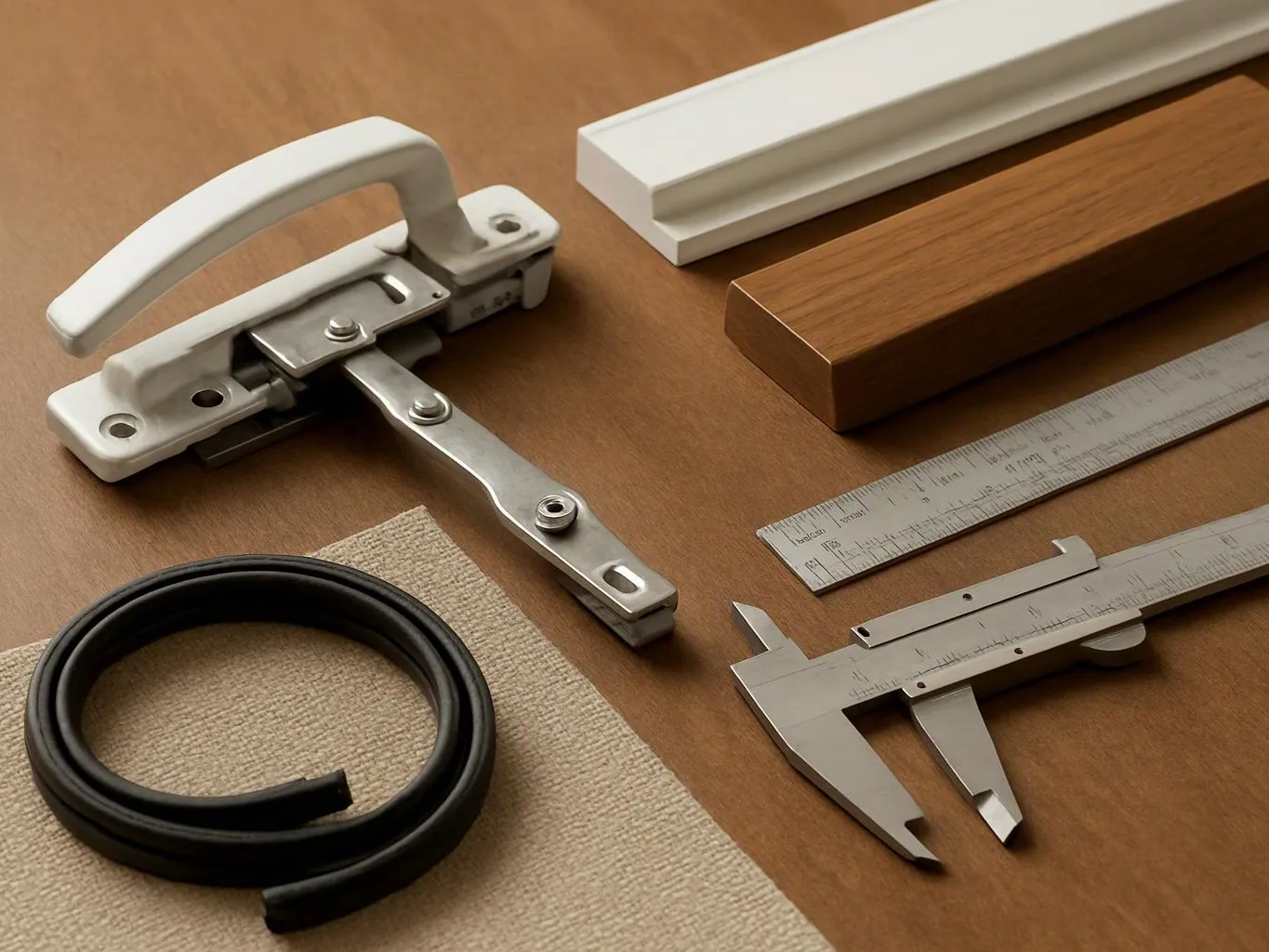 A set of metal tools, rulers, a caliper, and sample trim pieces lie on a wooden tabletop