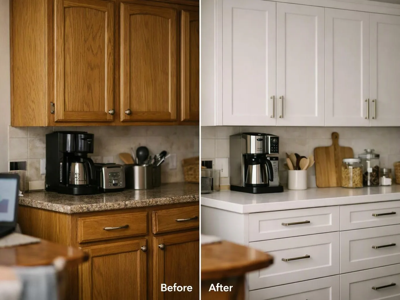 Side by side kitchen cabinets and counters show a before and after remodel with coffee makers and jars