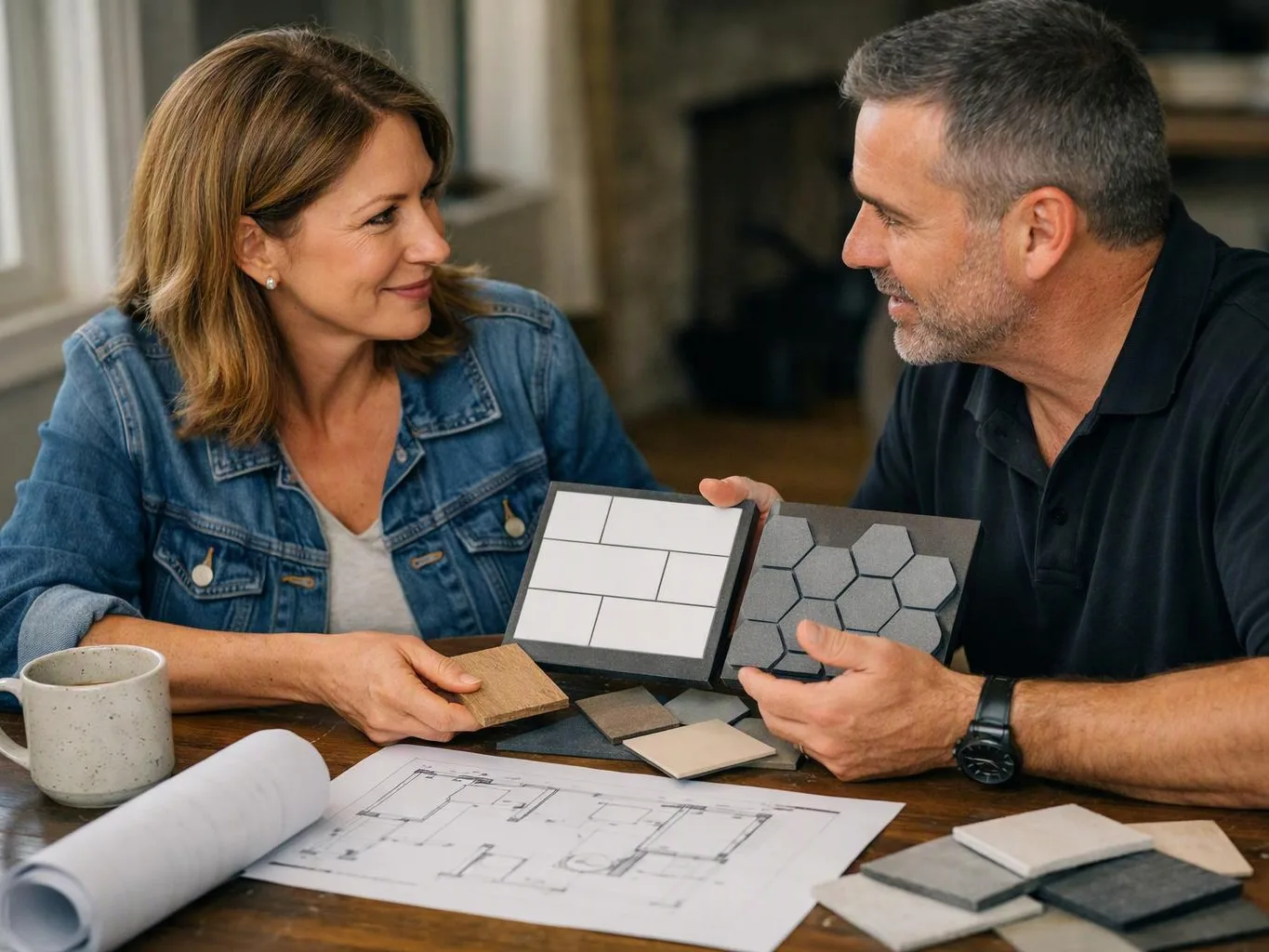 A smiling couple studies tile samples and floor plans at a table in a home interior