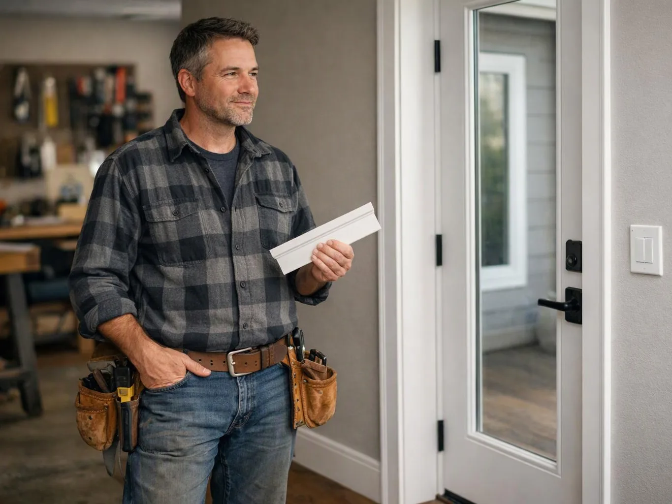 A smiling handyman stands indoors holding a white trim piece beside a glass door