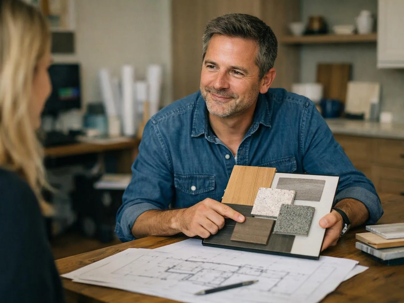 A smiling man in a denim shirt shows material samples across a desk with plans in a workspace