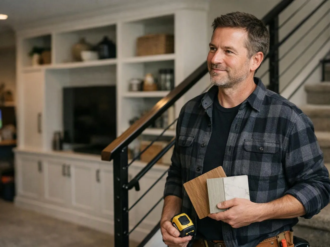 A smiling man holds color samples and a tape measure beside a staircase inside a bright home