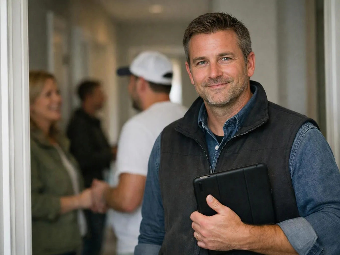 A smiling man holds a tablet in a hallway while people chat blurred in the background
