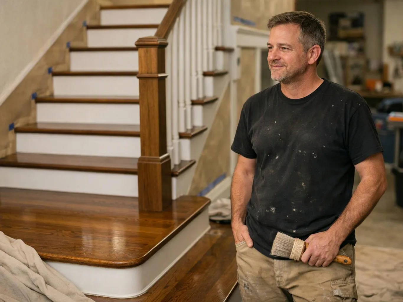 A smiling man in a paint-splattered shirt holds a brush beside a wooden staircase in a workshop