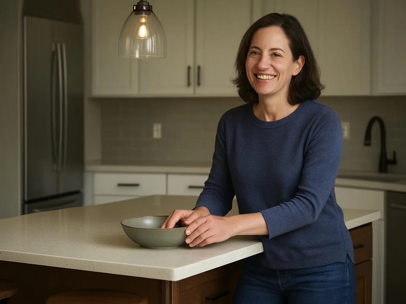 A smiling woman stands at a kitchen island, holding a bowl under a hanging light