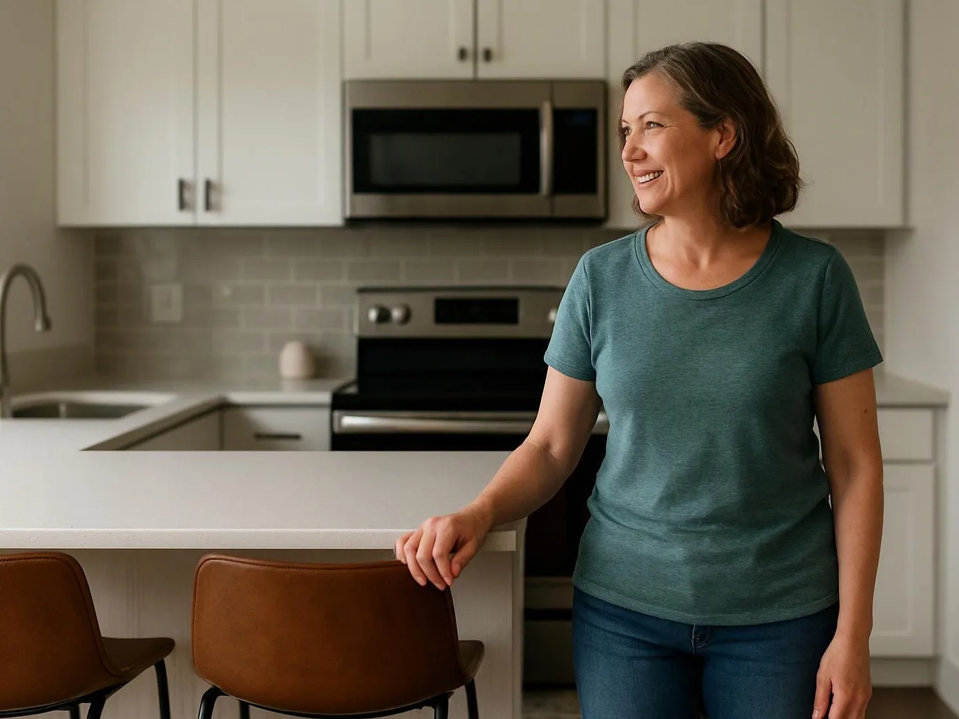 A smiling woman stands in a modern kitchen, resting her hand on a counter beside brown stools