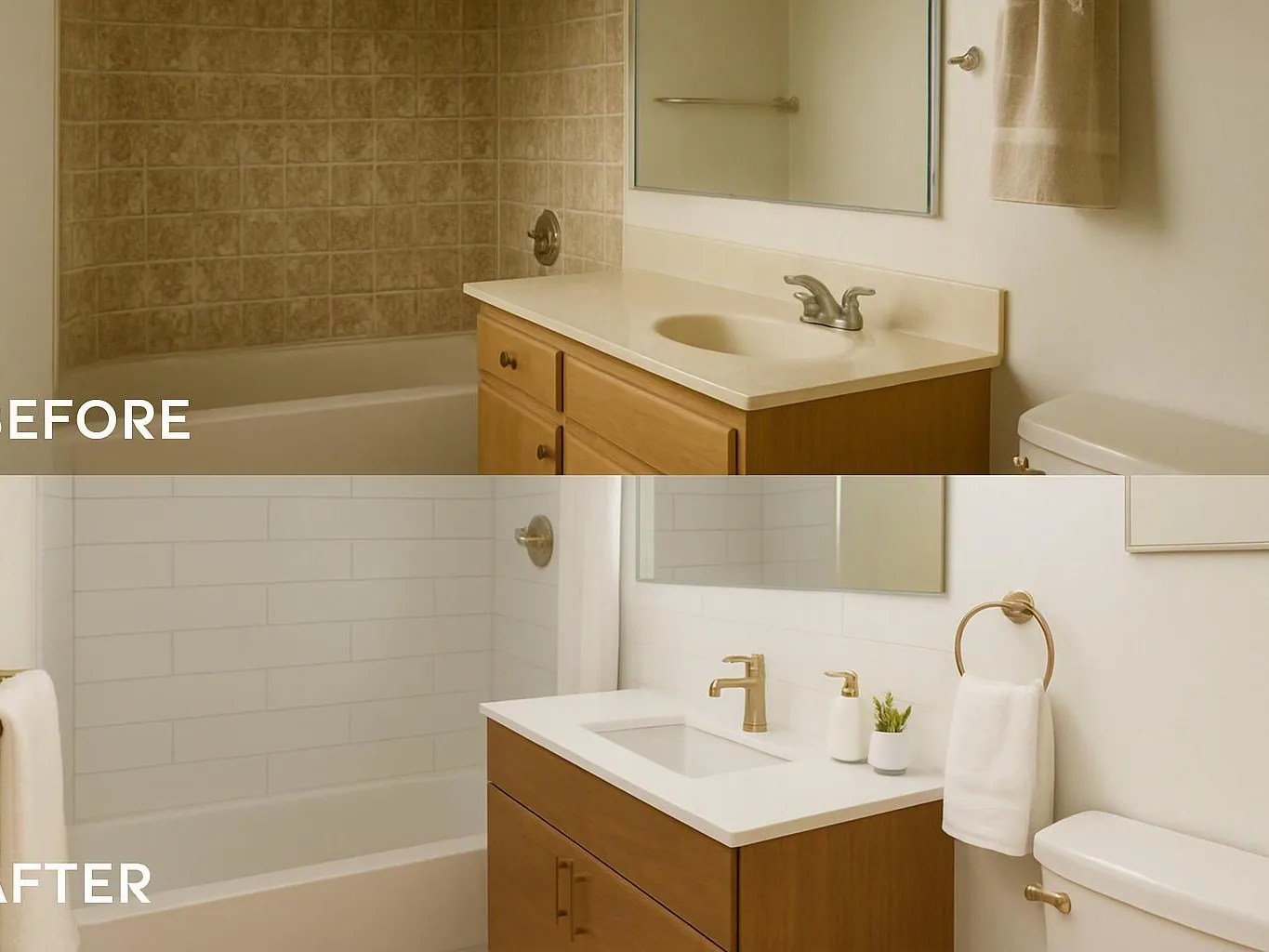 Split bathroom before-and-after view showing a tub, vanity, sink, mirror, toilet, and updated white tile with gold fixtures