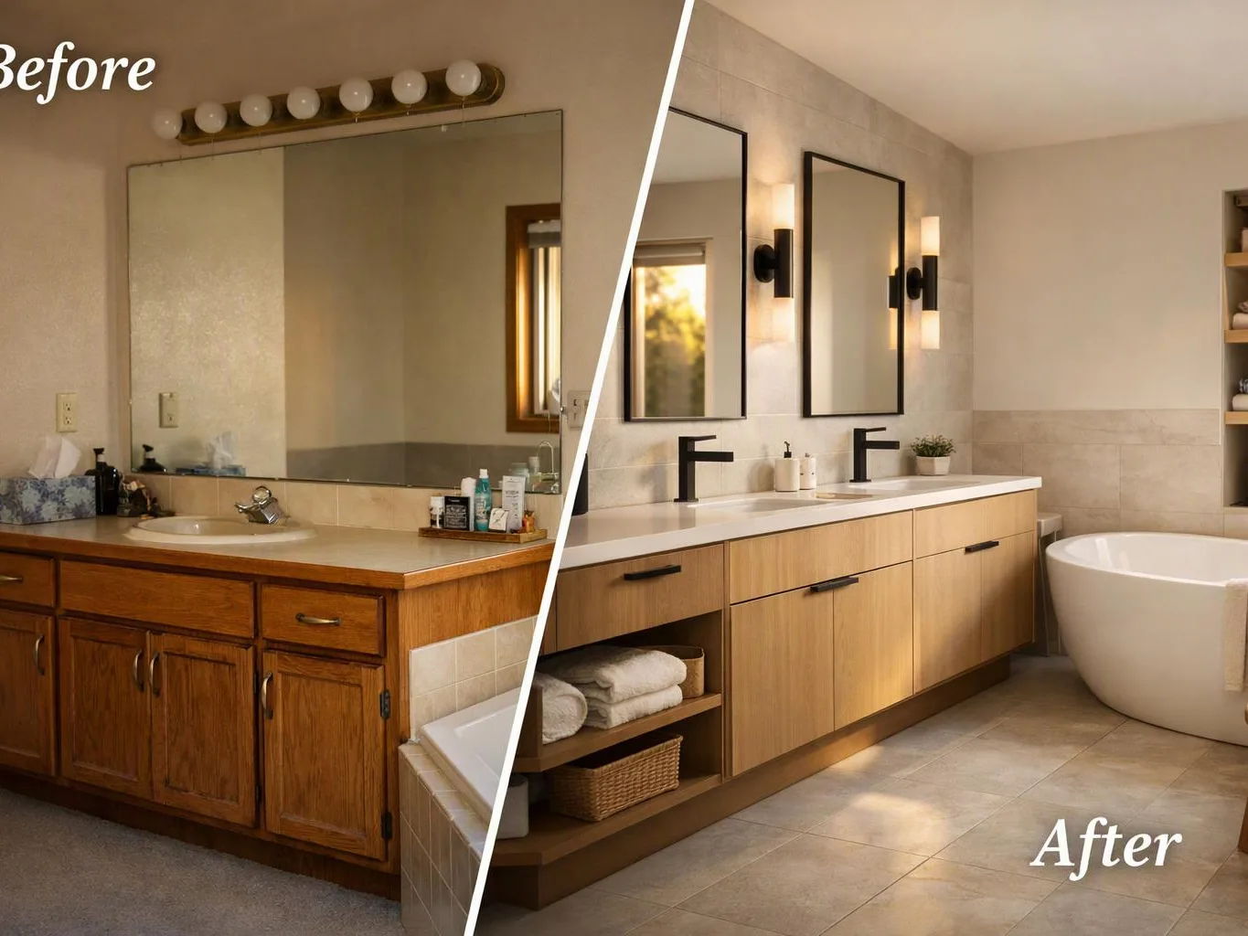 Split bathroom renovation shows a dated wood vanity on the left and a modern double-sink bath on the right