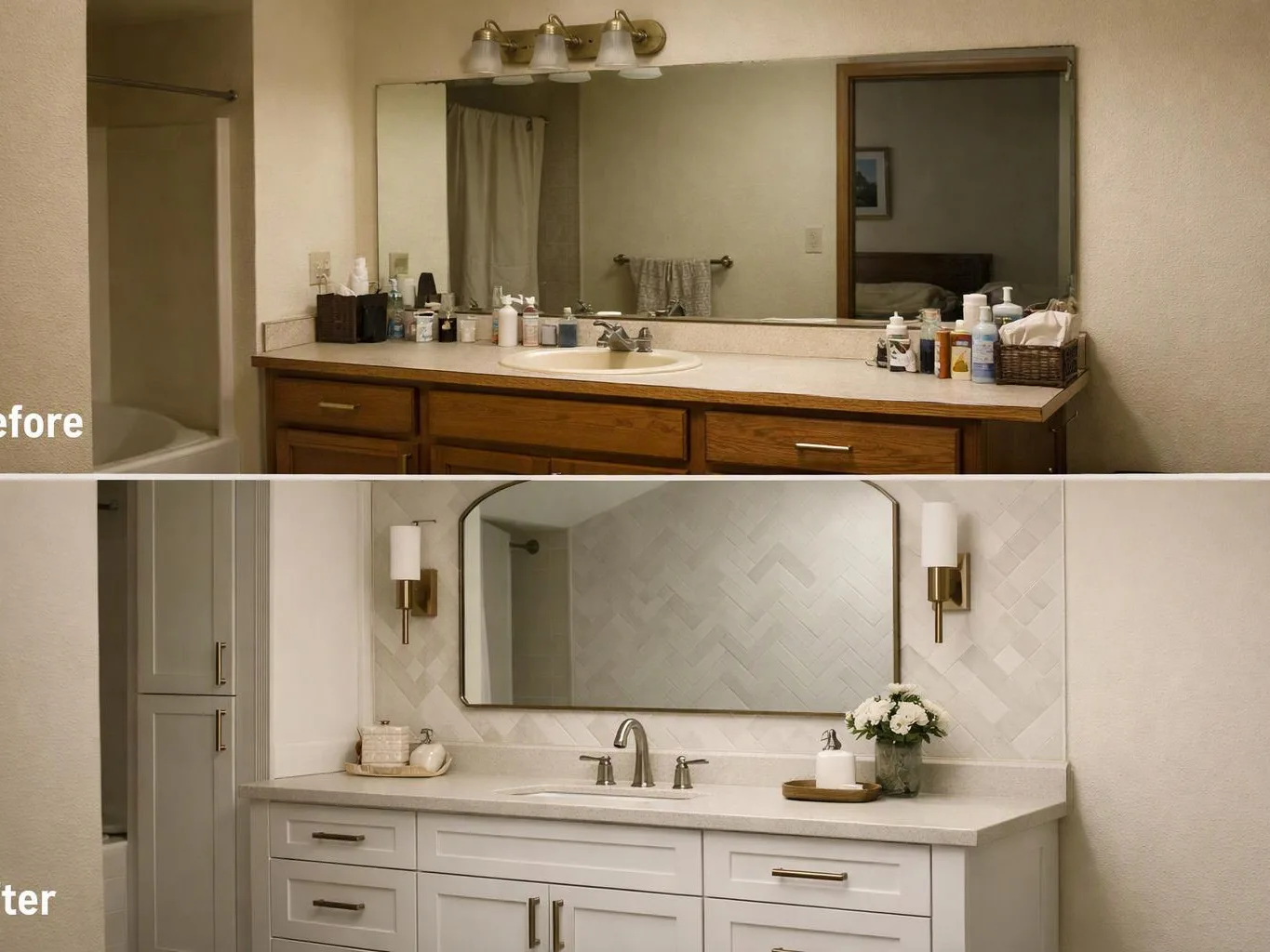 Split bathroom vanity before and after, with cluttered wood cabinets above and a bright white remodel below