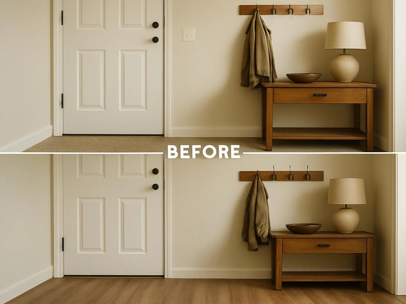 Split before-and-after entryway view shows a door, wall hooks, a table, lamp, and carpet changing to wood flooring