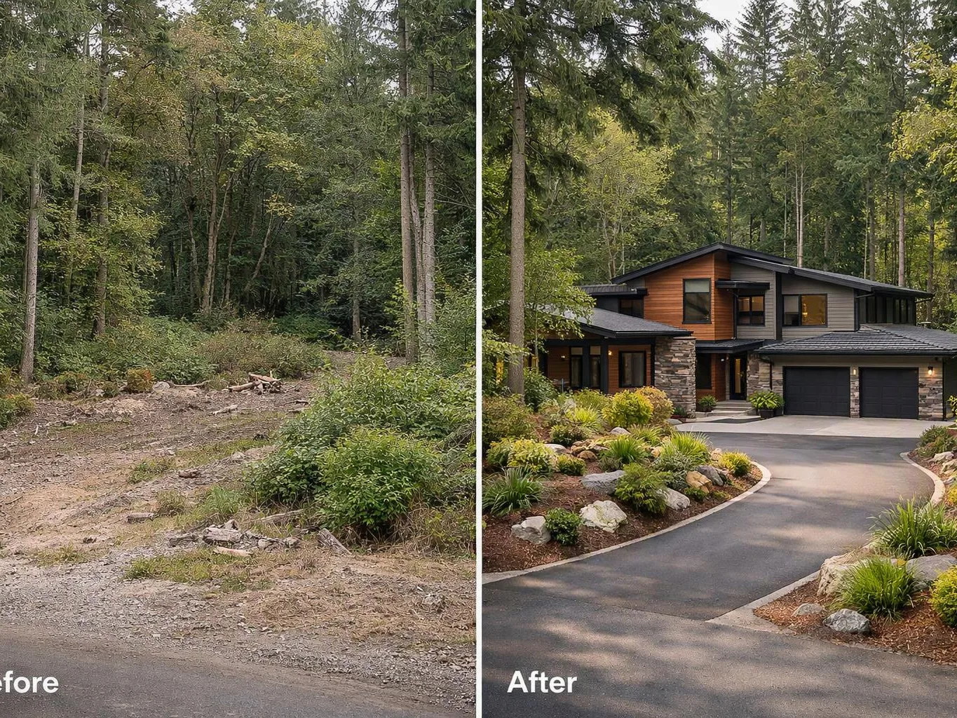 Split before-and-after image shows a forest lot turned into a modern house with a paved driveway and landscaping
