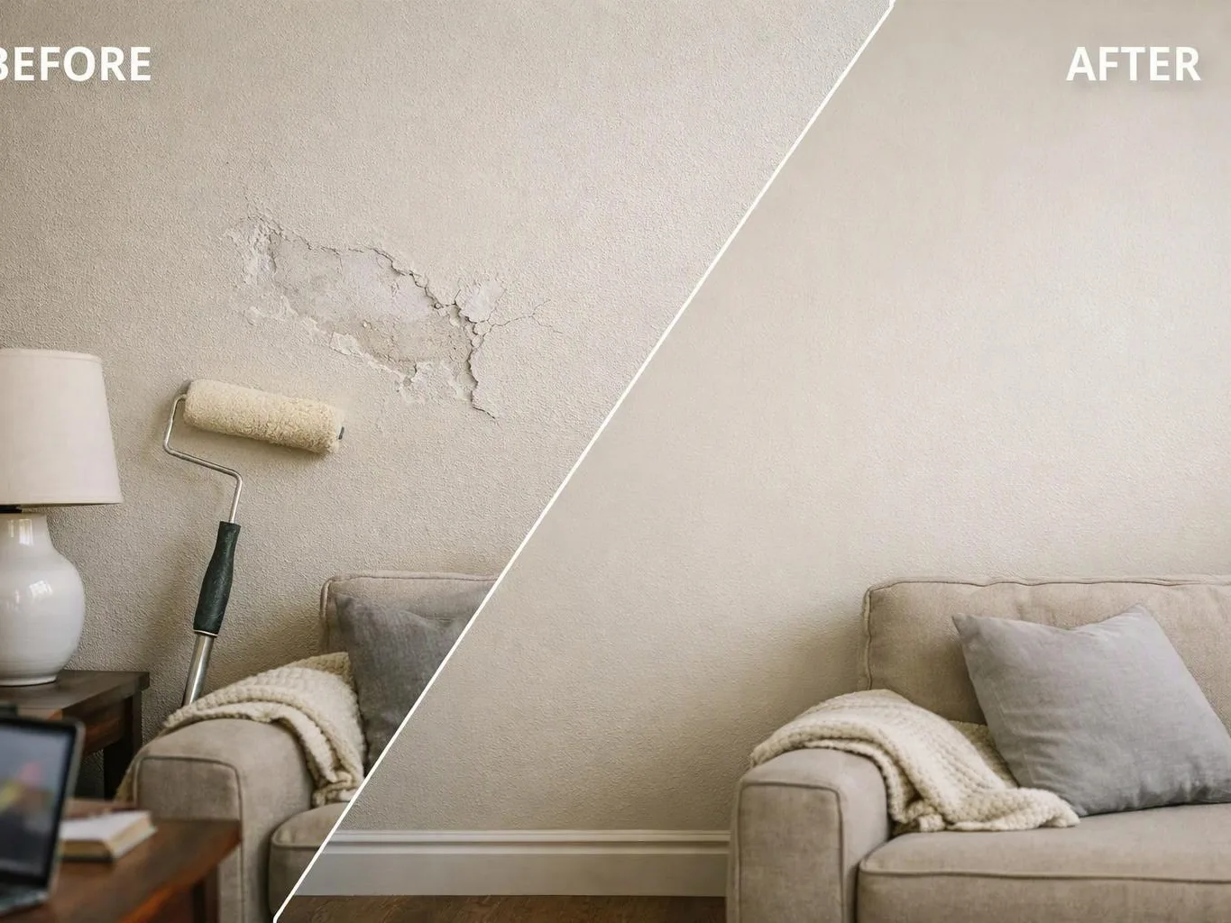 Split before-and-after living room wall, showing a cracked wall with a paint roller beside a repaired smooth wall