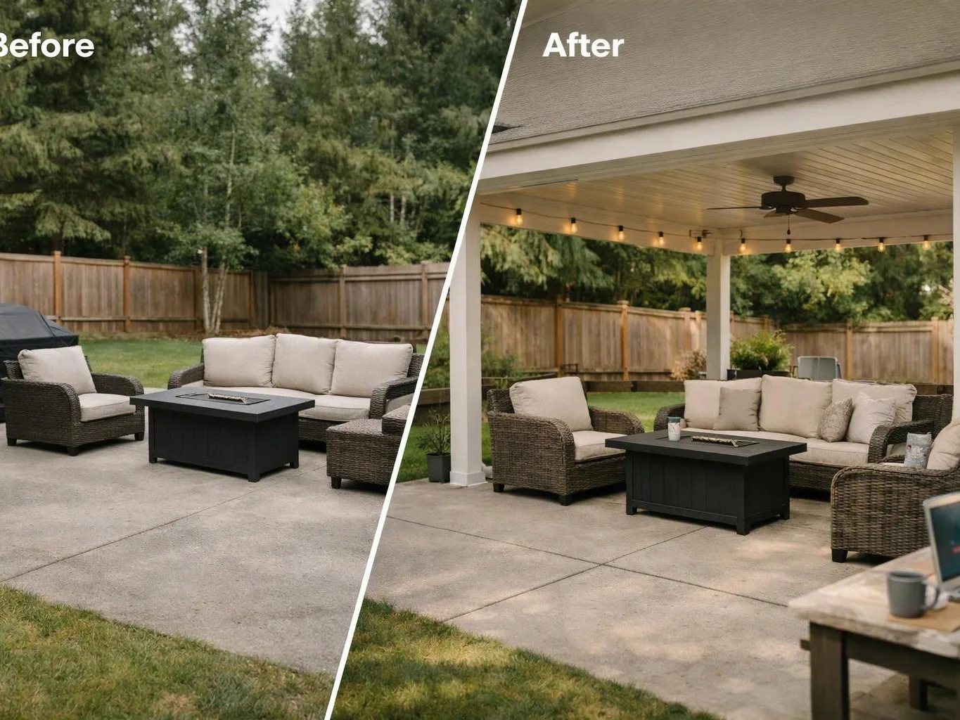 Split before-and-after view of a backyard patio with outdoor seating and string lights under a covered roof