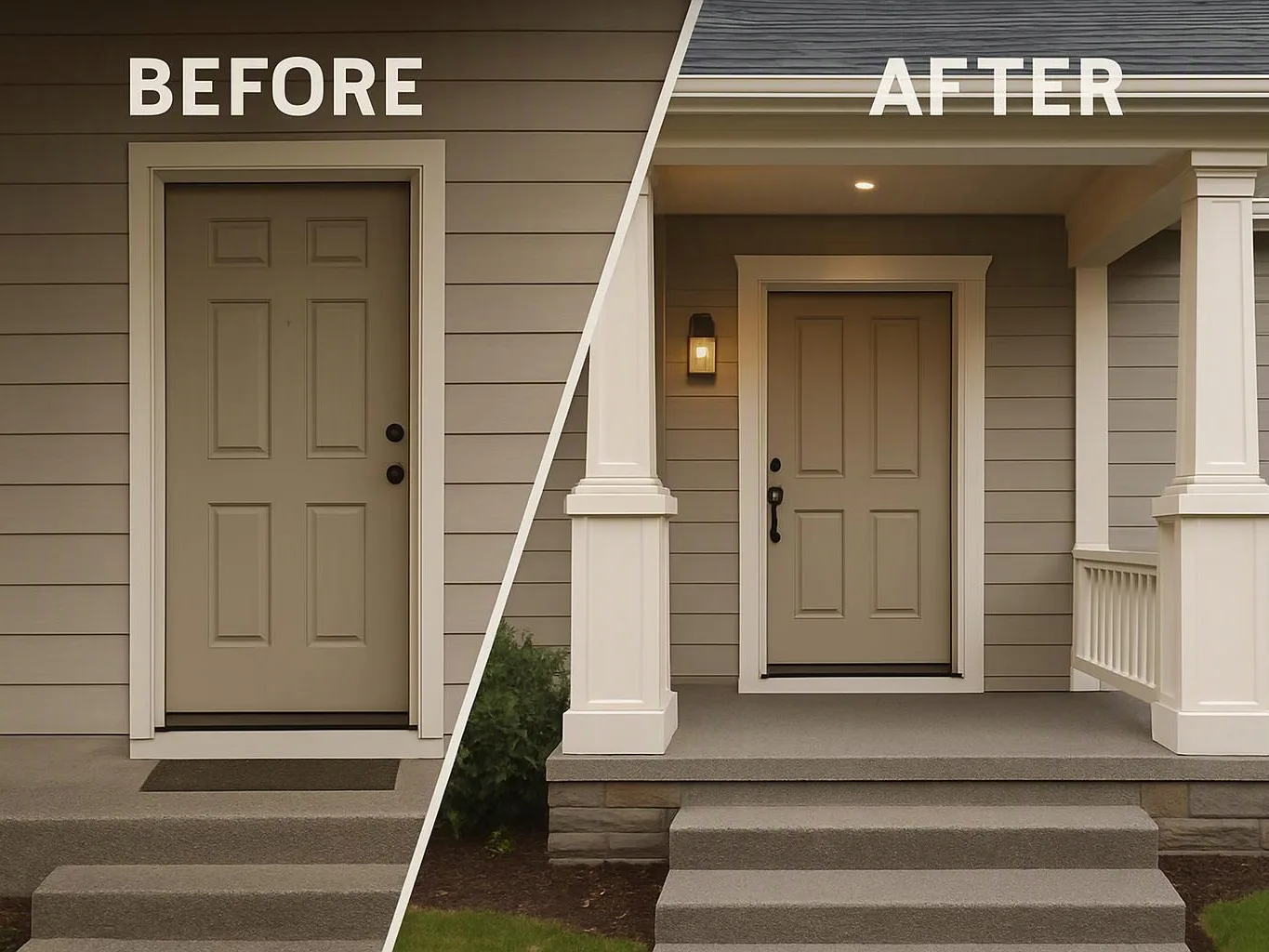 Split before-and-after view shows a house entry, plain front steps on the left and a porch with white columns on the right