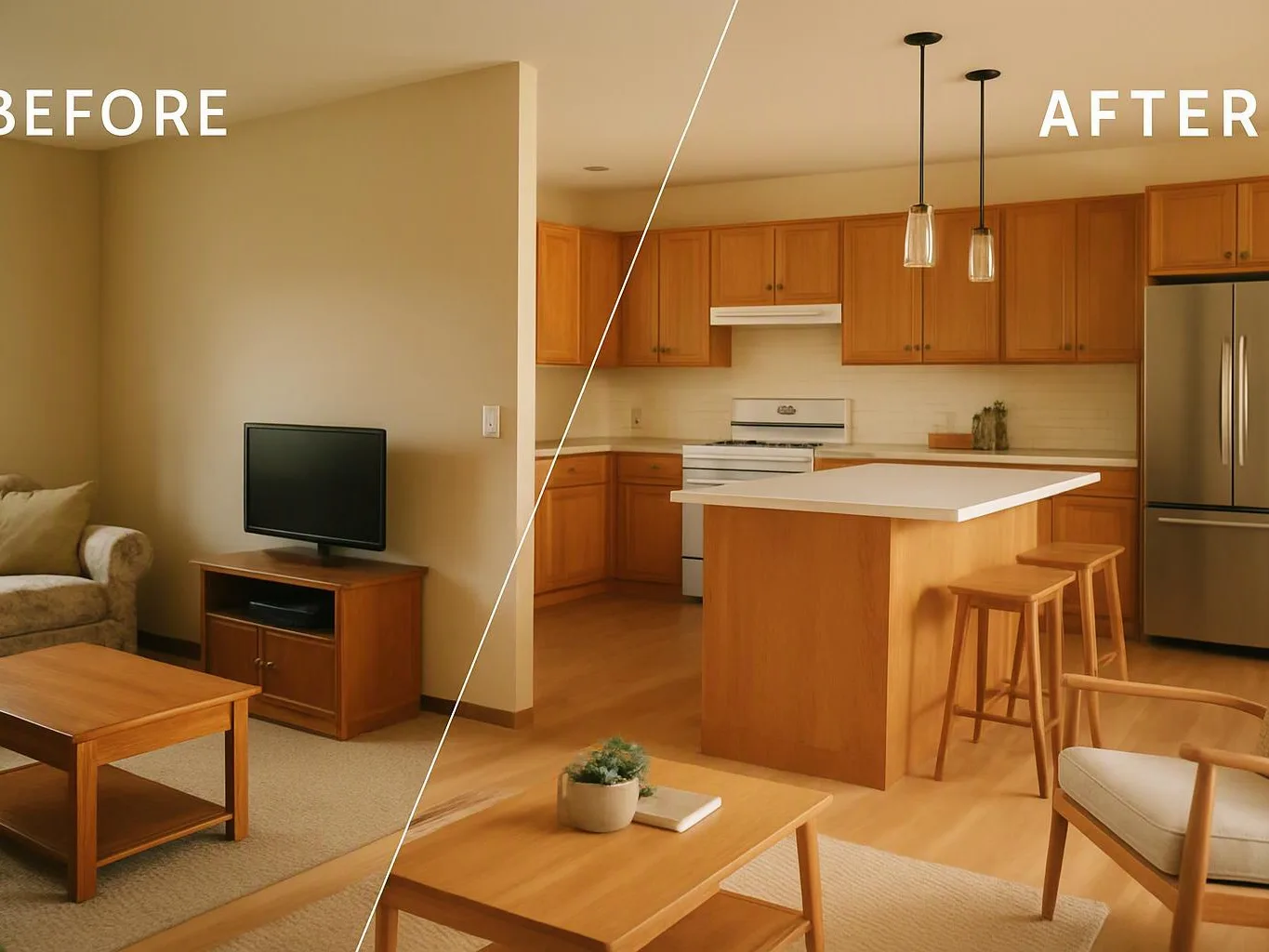 Split before and after view shows a plain living room beside a bright kitchen with wood cabinets and an island