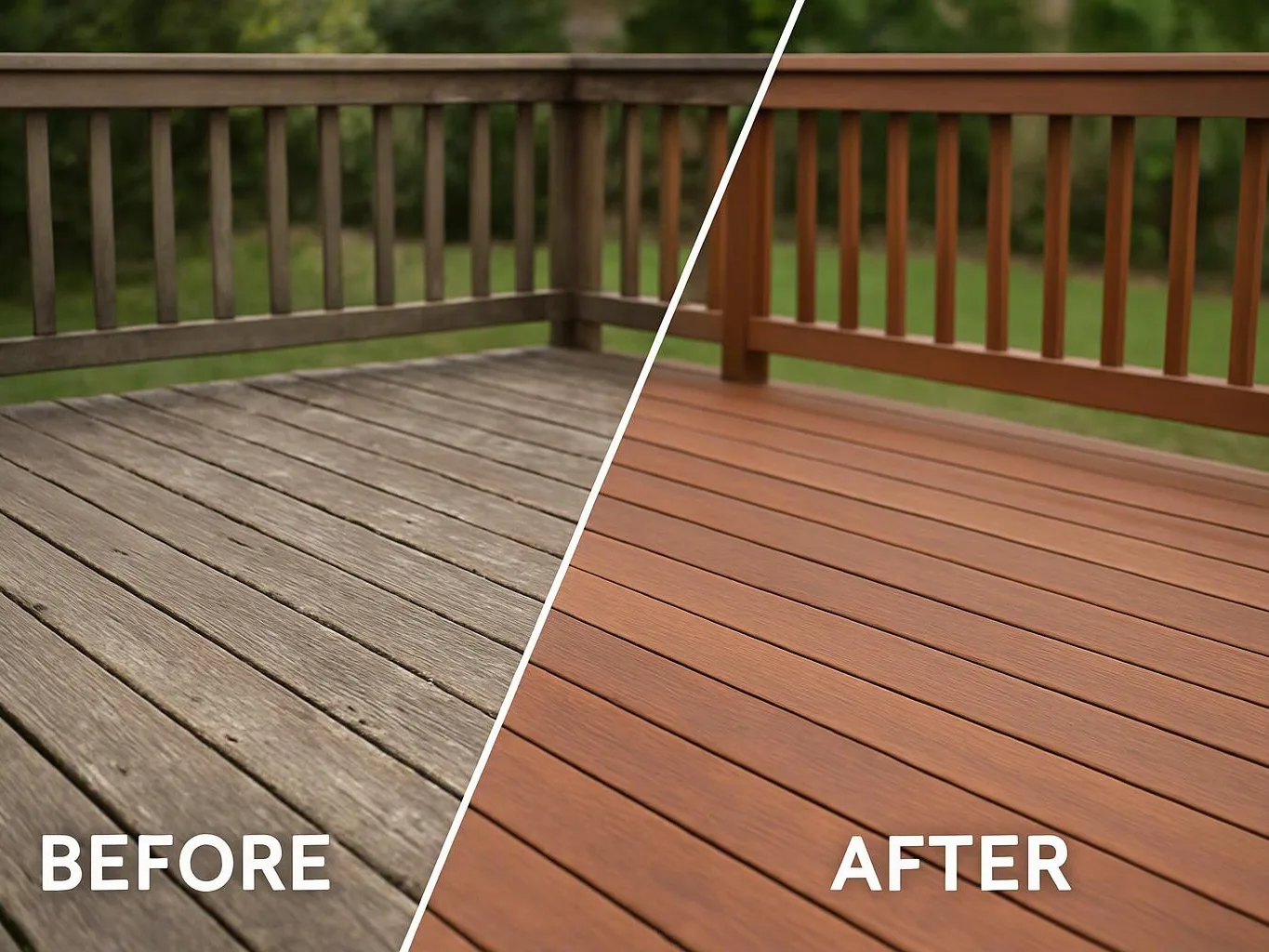 A split before-and-after view shows a wooden deck changing from weathered gray to fresh reddish-brown stain