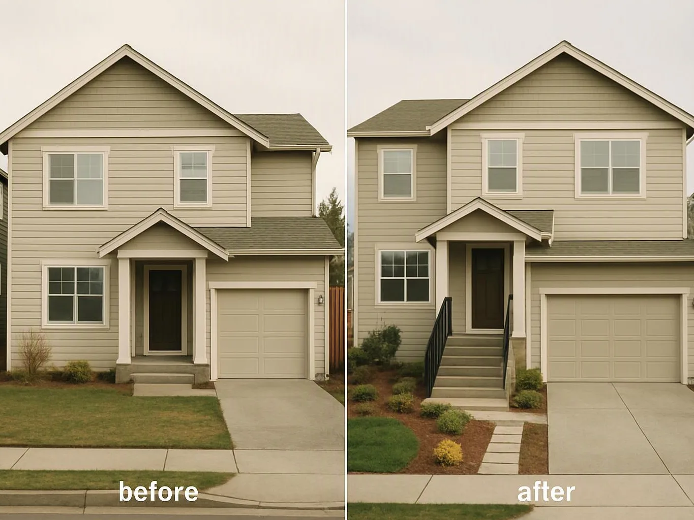 Split image shows a beige two-story house before and after, with a new front staircase and landscaping on the right