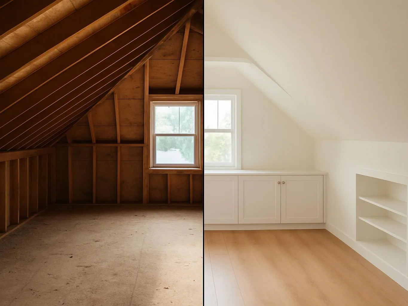 A split image shows an unfinished attic on the left and a bright finished attic room on the right