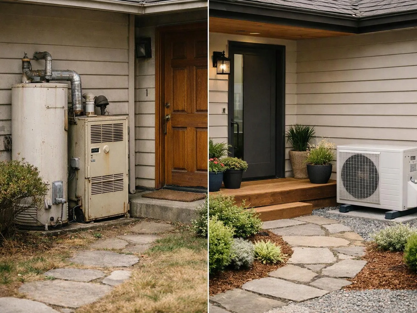 A split image shows a worn utility unit beside a door, and a neat entry with potted plants and a modern heat pump