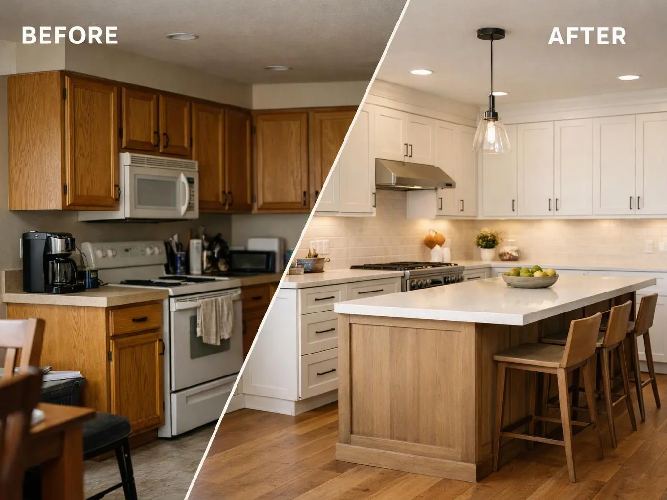 Split kitchen before-and-after view showing dark cabinets and stove replaced by a bright white island kitchen